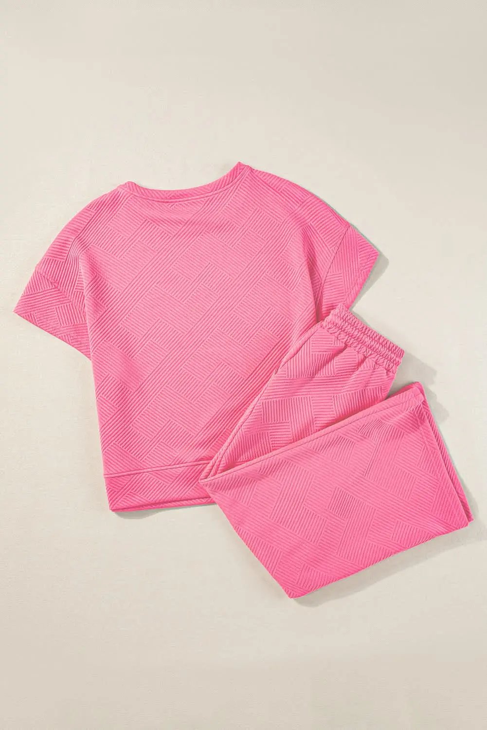 Strawberry Pink Textured Loose Fit T Shirt and Drawstring Pants Set - Love Salve